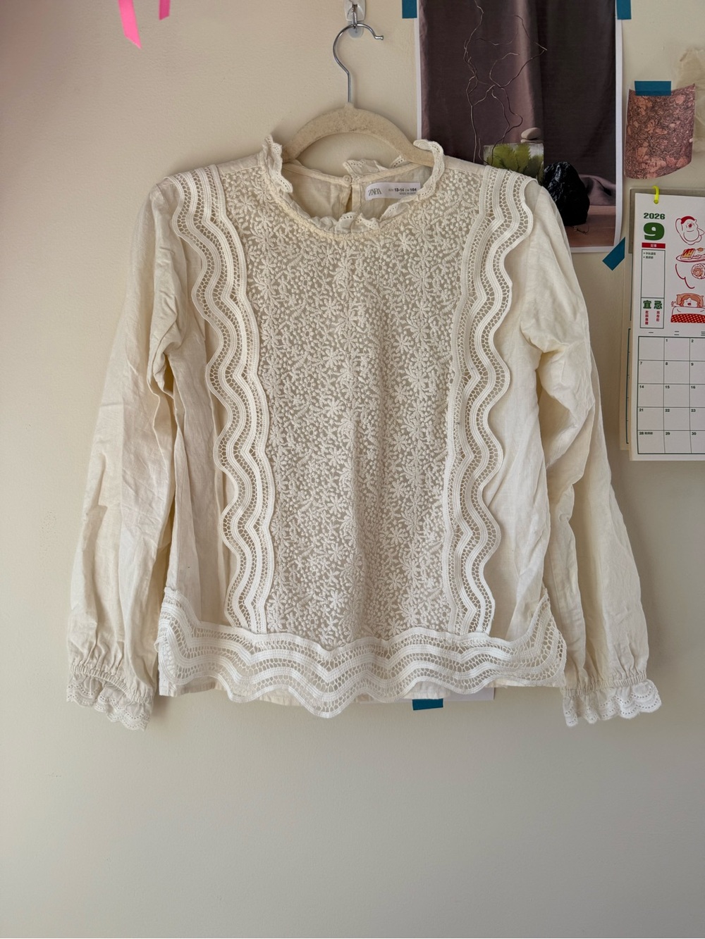 Zara Cream Lace-Front Long Sleeve Top - Kids 13-14